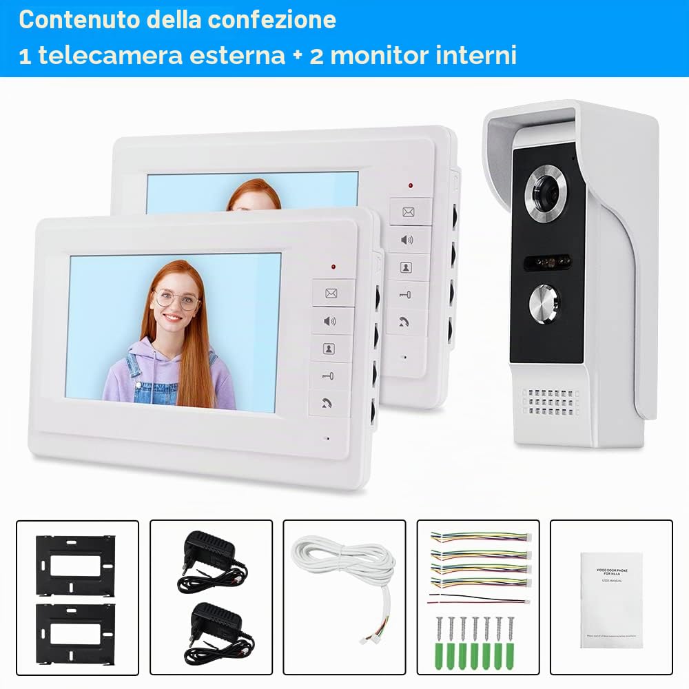 7'' TFT LCD Colori Videocitofono Campanello System 2 Monitors Doorbell + 700TVL Telecamera per Esterni IR Visione Notturna per Casa