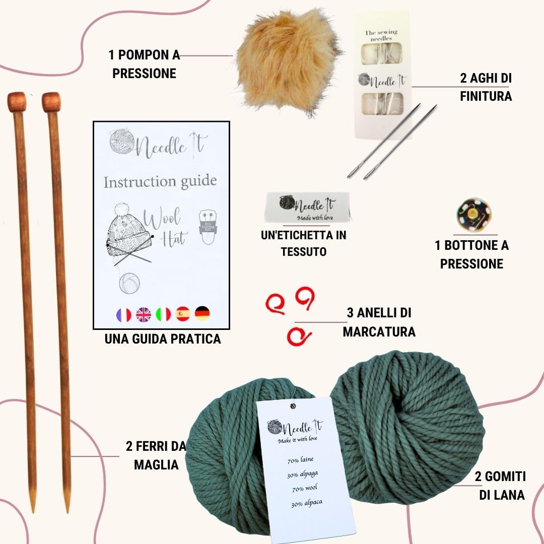 Needle It® Kit completo per lavorare a maglia il cappello verde scuro - Cappello di lana fai da te per bambini e adulti - Kit completo con ago, gomitolo e istruzioni - Lana francese