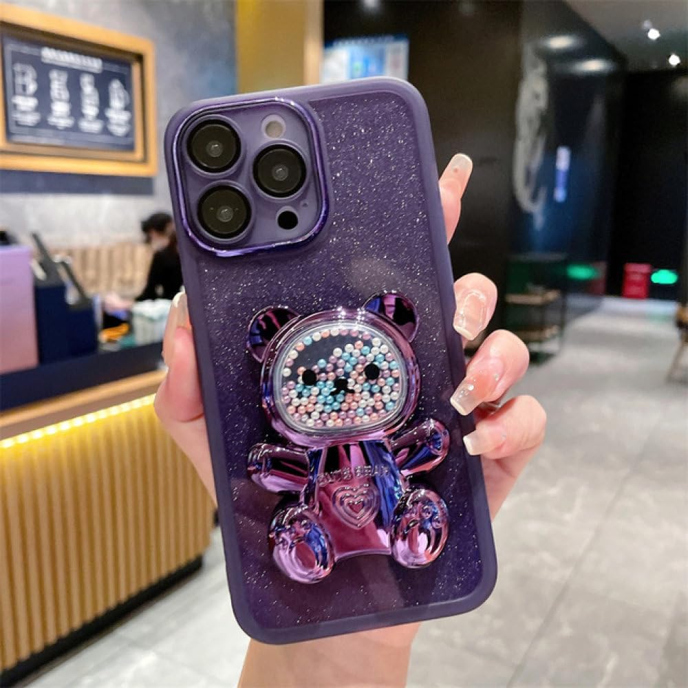 Coque Ours 3D pour iPhone 14 Pro Violet Dégradé avec Dragonne Perles - 7