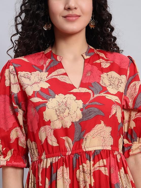 Image of PIDAVLIYA'S Women's Floral Summer Maxi Dress I Cotton Printed I One Piece Bodycon Midi Dress with V-Neck, Puffed Sleeves