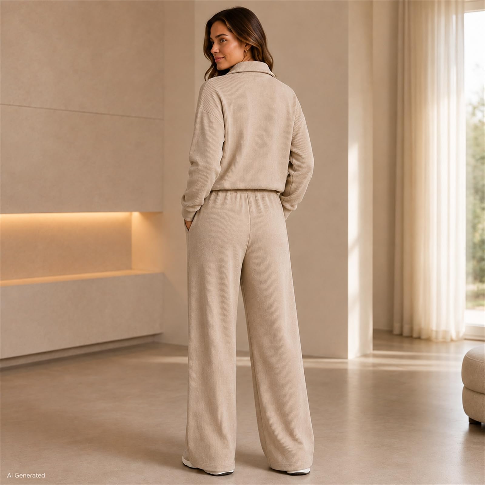 2-teiliges Lounge-Set für Damen, halber Reißverschluss und Hose mit weitem