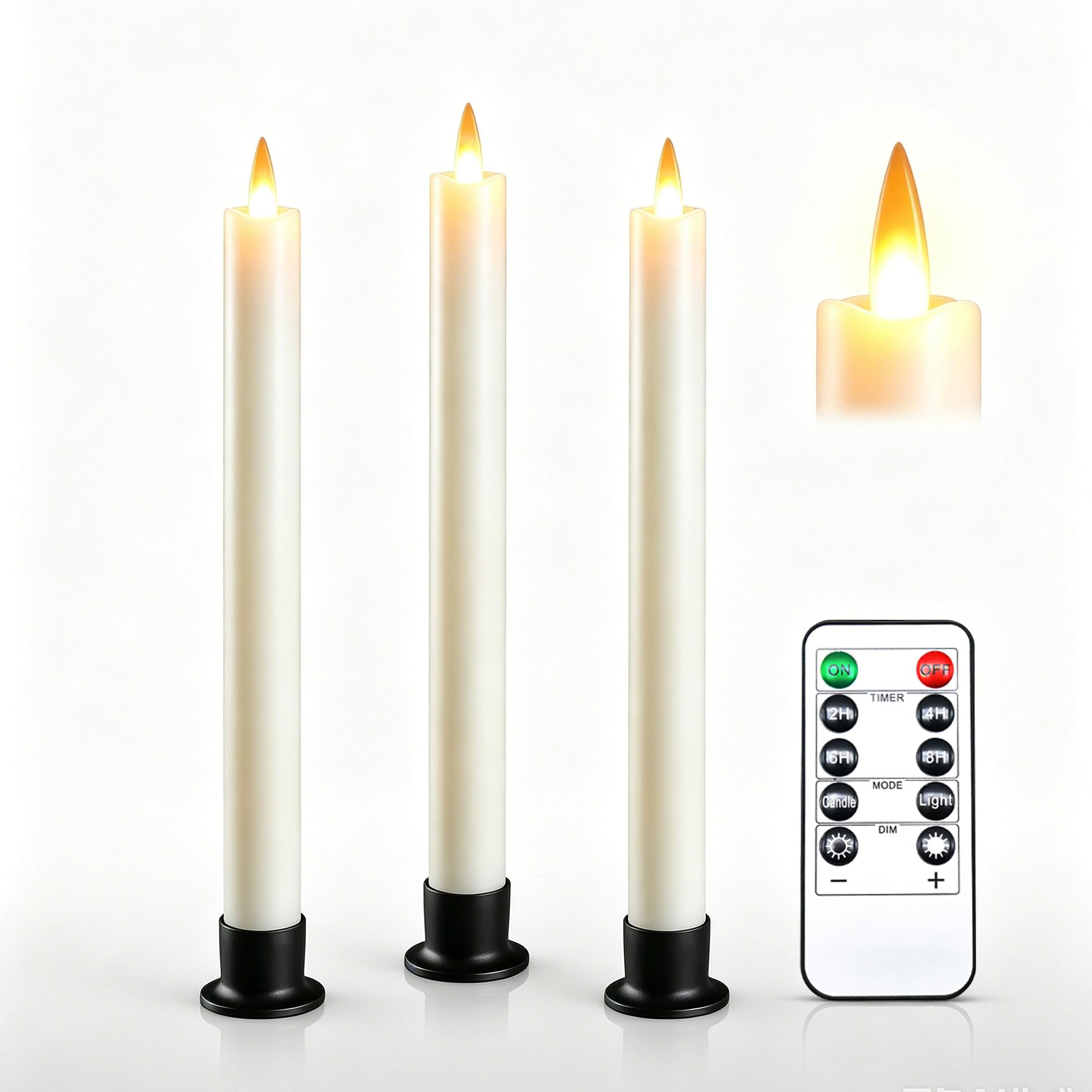 3 Pack Ivory Flameless LED Taper Candles, Realistic Moving Flame Battery Operated Candles, Heat Resistant Reusable Plastic Candles with Remote Control, 2.2cm x 25cm, Indoor Outdoor Wedding Home Decor — image 1