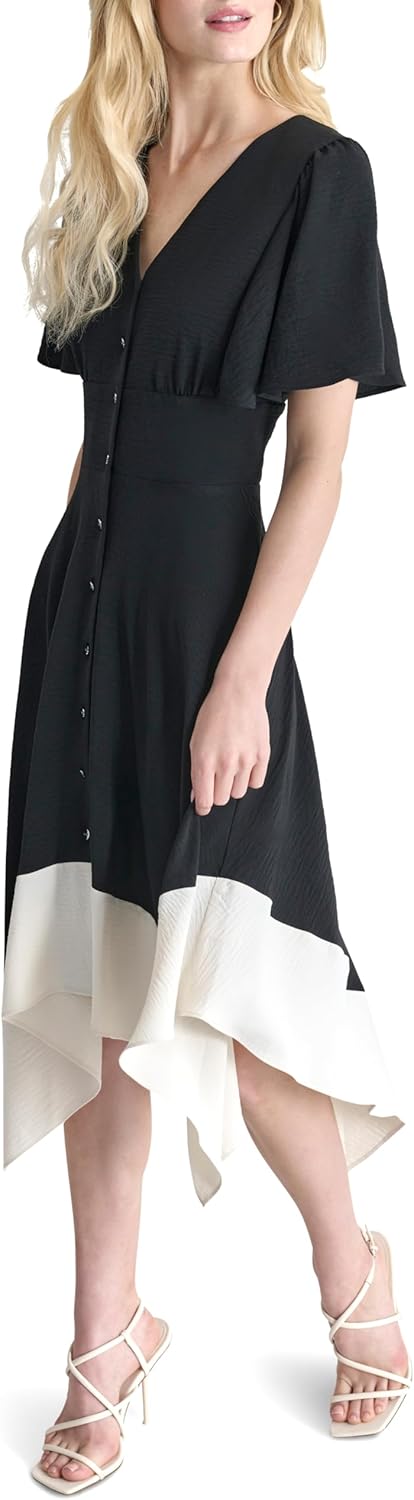 DKNY Womens Short Sleeve V-Neck Fit & Flare Midi Dress - Image 2