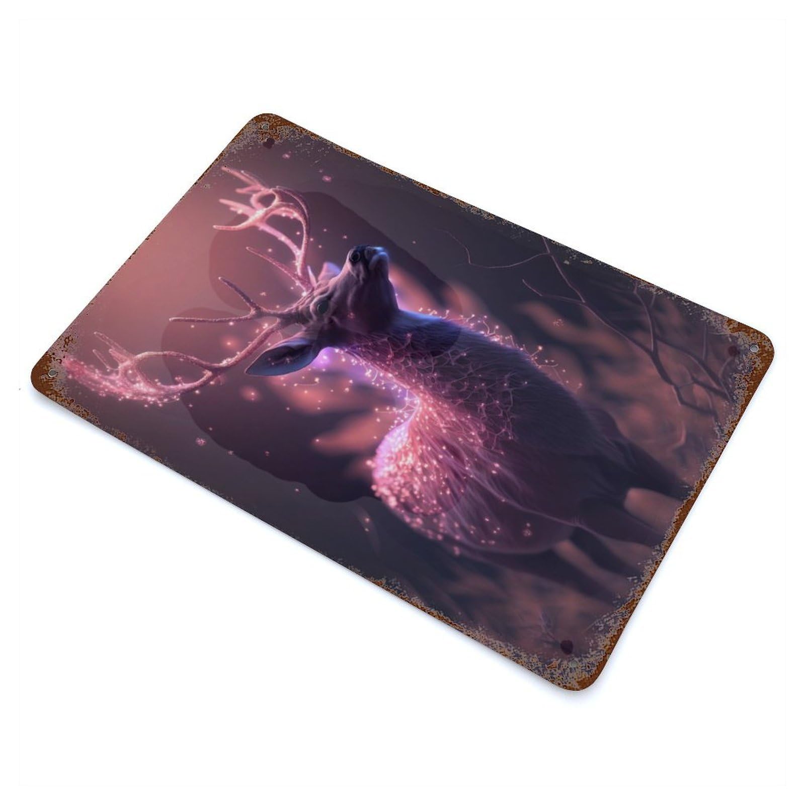 Garage Style Pink Fantasy Deer Glow Rusty Metal Tin Sign 11.8"x7.9", Novelty Wall Decor for Bar And Workshop