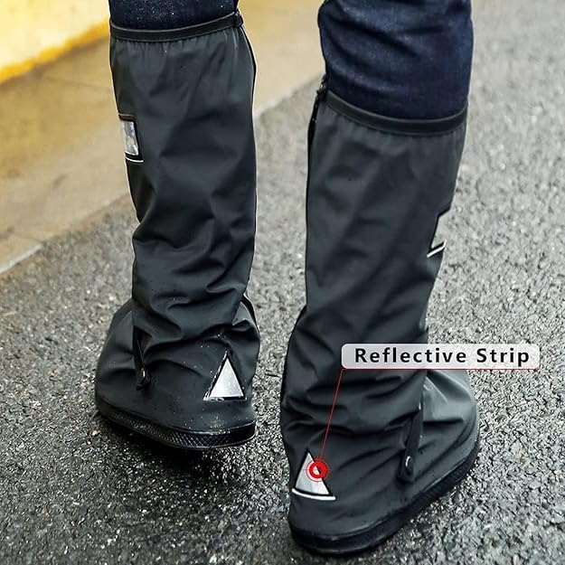 Image of Rain Shoes Cover Waterproof for Men Women Rainy Season (Size-L | 40-42 | 30.5cm) Reusable Anti-Slip Rubber Overshoes TPE Sole Boots Elastic Design Outdoor Footwear Protector (1 Pair | Black)