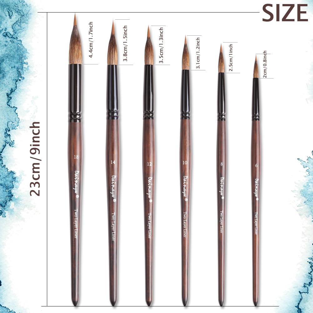 6-teiliges verlängertes Nadelspitzen-Pinsel-Set, zweilagige Liner, Aquarellpinsel, Zobel-Künstlerpinsel für Kunst-Details, Blätter, Blumenzeichnungen