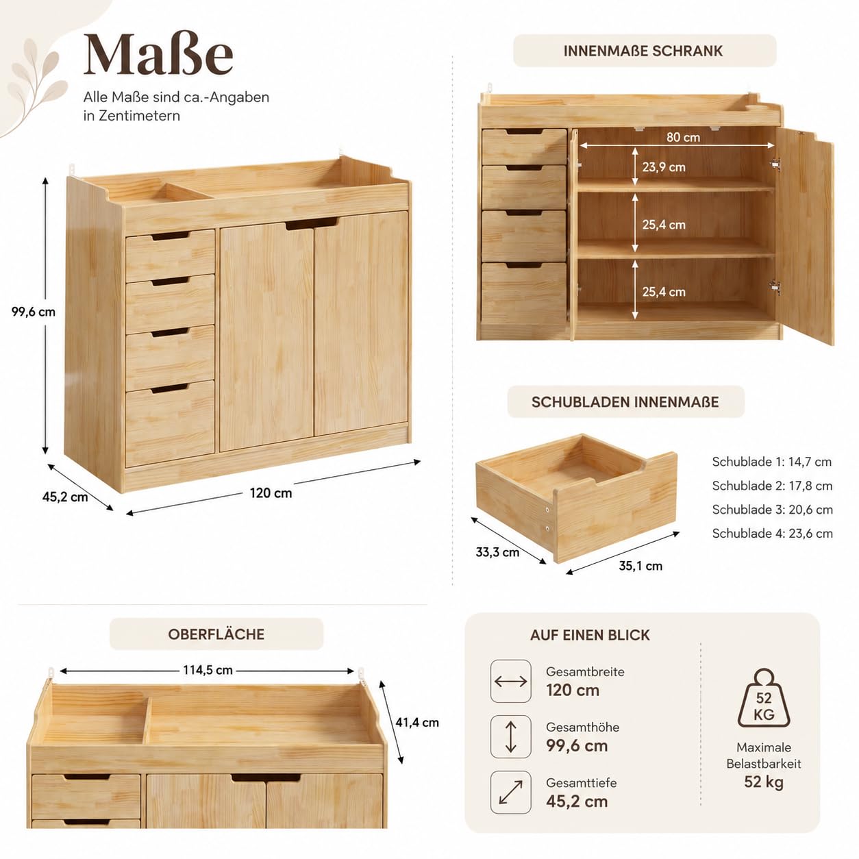 Cambiador bebé con 4 cajones y 2 puertas, cómoda madera infantil