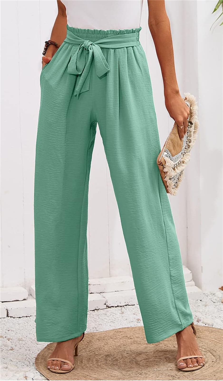 Femme Pantalon Jambe Large Haute Taille Elastique Été Jogging Confortable Pantalons Fluide Décontracté Pants de Plage avec Poches
