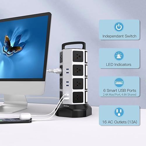 Miniatura 3 de Regleta múltiple de 3000W, 18 tomas de corriente con 4 ranuras USB y cable con certificación UL de 6.5 pies, protector contra descargas, estación de