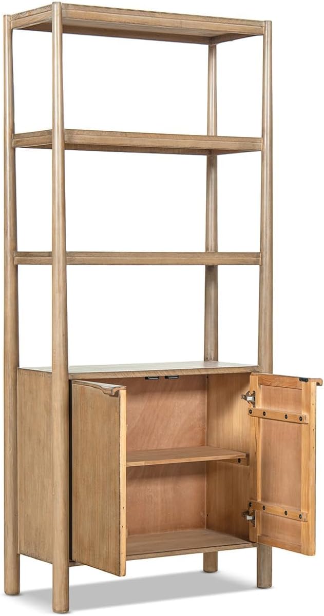 Pemberly Row 86" Reclaimed Wood Bookcase with Lower Cabinet, Natural Pine Finish, Tall Vertical Storage, Open Shelves and Concealed Cabinet, Sustainable Design for Living Room, Home Office, or Bedroom