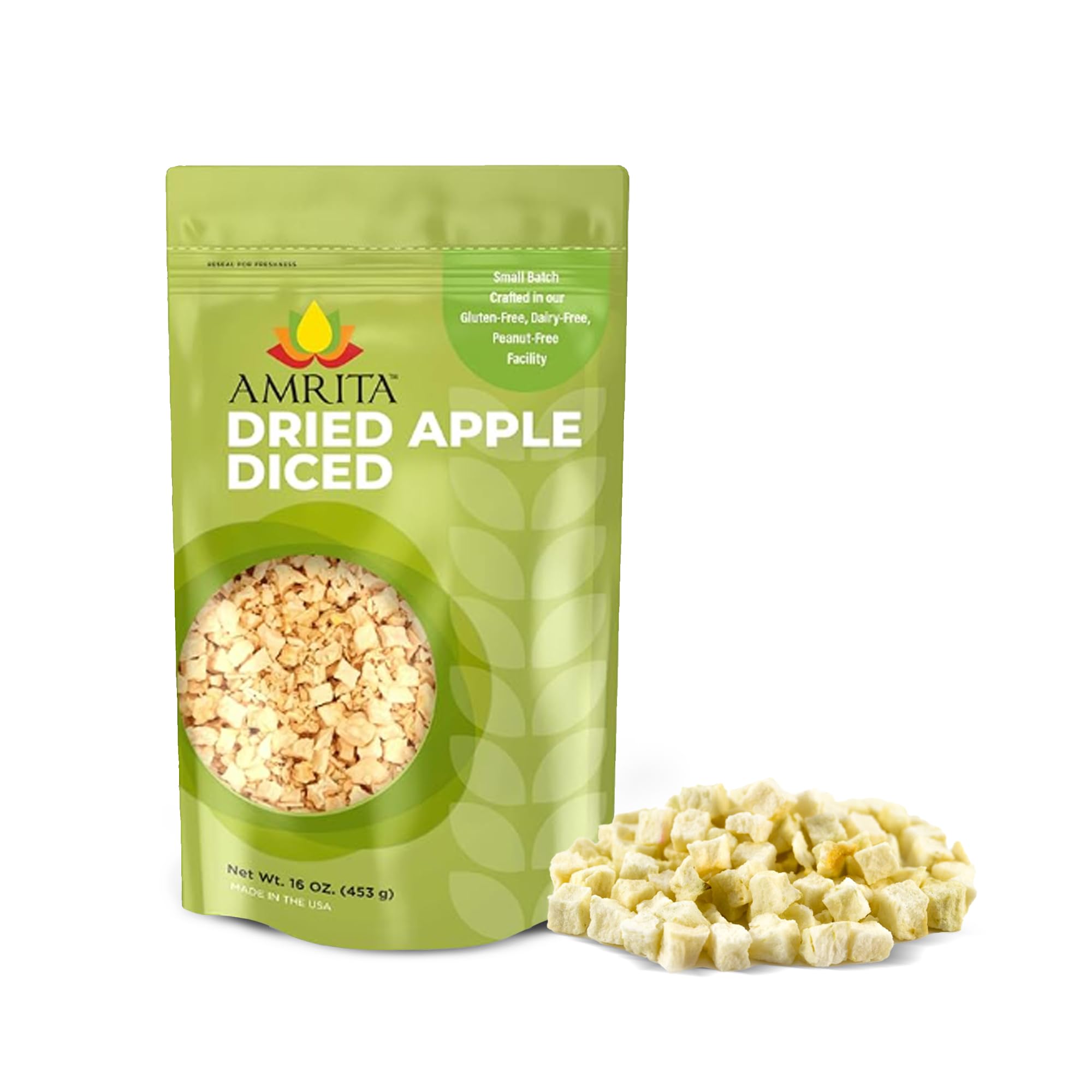 Amrita Dried Apples Diced 16 oz | No Sugar Added, Vegan, non-GMO, Gluten, Peanut, Soy and Dairy Free| Packed Fresh in Resealable Bags | Dehydrated Apples for Baking or Snacking
