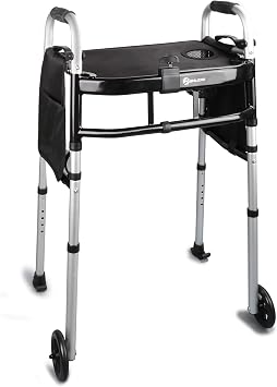 Folding Walker with Tray, 5" Wheels Lightweight Walkers for Seniors and Adults, Supports Up to 350 Pounds, Adjustable Height, Compact Standard Walker, Black