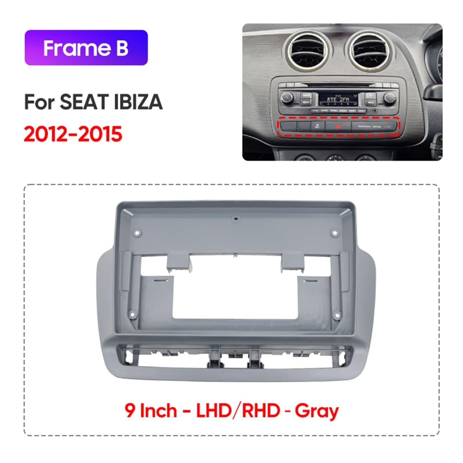 Rama radia samochodowego Samochodowe ramki montażo Pasuje do SEAT IBIZA 2008-2017 9"/LHD/RHD, rama radia samochodowego, panel czołowy, adapter montażowy deski rozdzielczej
