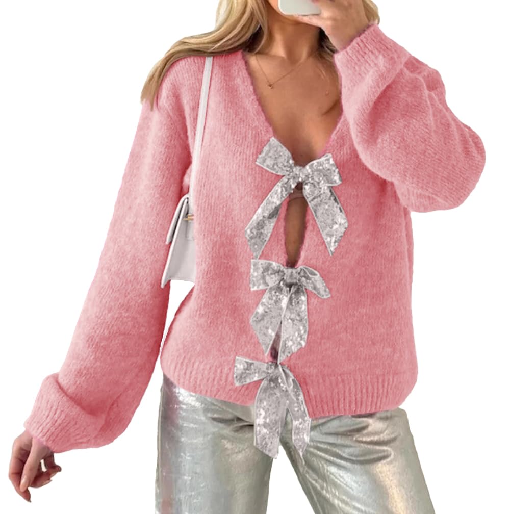 ZDC Womens Bow Sweater Cardigan Trendy Button Down Open Front Sweaters Sexy Knit Fall Coats