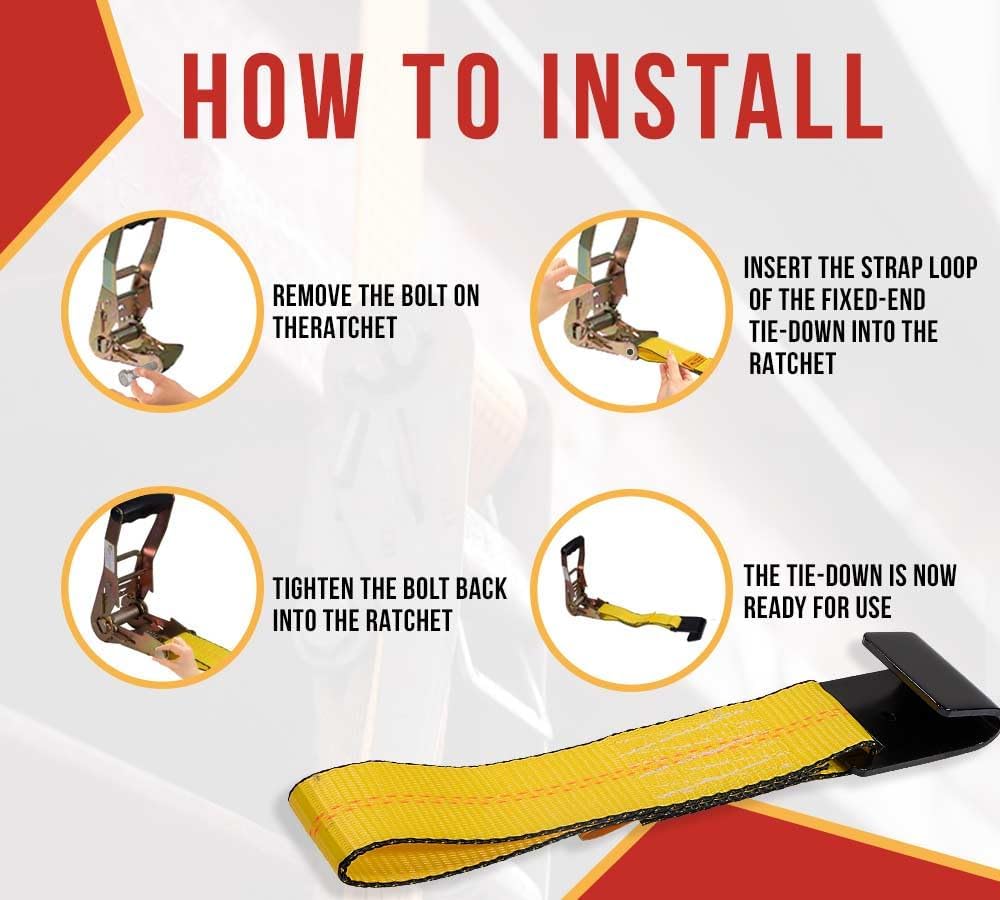 Mytee Products 2 Pack 2Inch x 11Inch Fixed End Tie Down Strap with Flat Hook and Bolt Loop - Replacement Ratchet Straps 3,333 lbs Working Load Limit, Heavy Duty 2 Inch Ratchet Straps