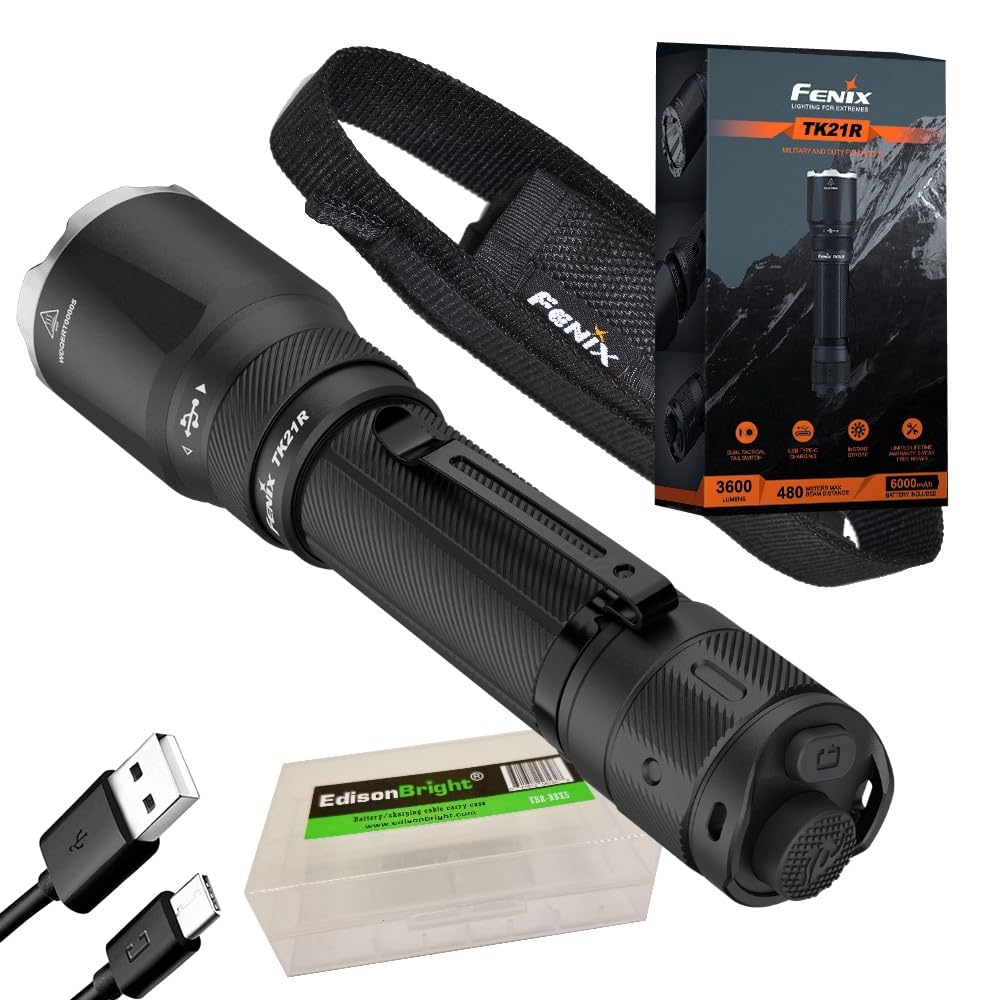 Fenix TK21R 3600 Lumen Dual Tail Switch Tactical Duty Flashlight, Rechargeable, Long Throw for Hunting/Security w/EdisonBright Acc case