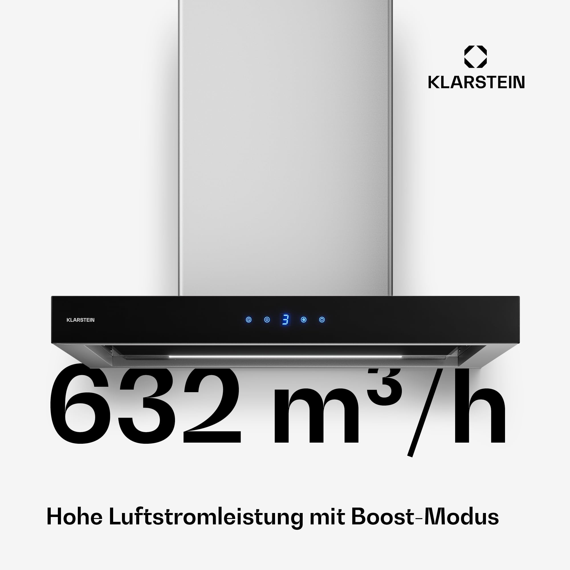 Klarstein Valeria Insel-Dunstabzugshaube – Decken-Dunstabzug 632 m³/h, Touch-Bedienfeld, LED-Beleuchtung, Boost-Modus, Umluft oder Abluft