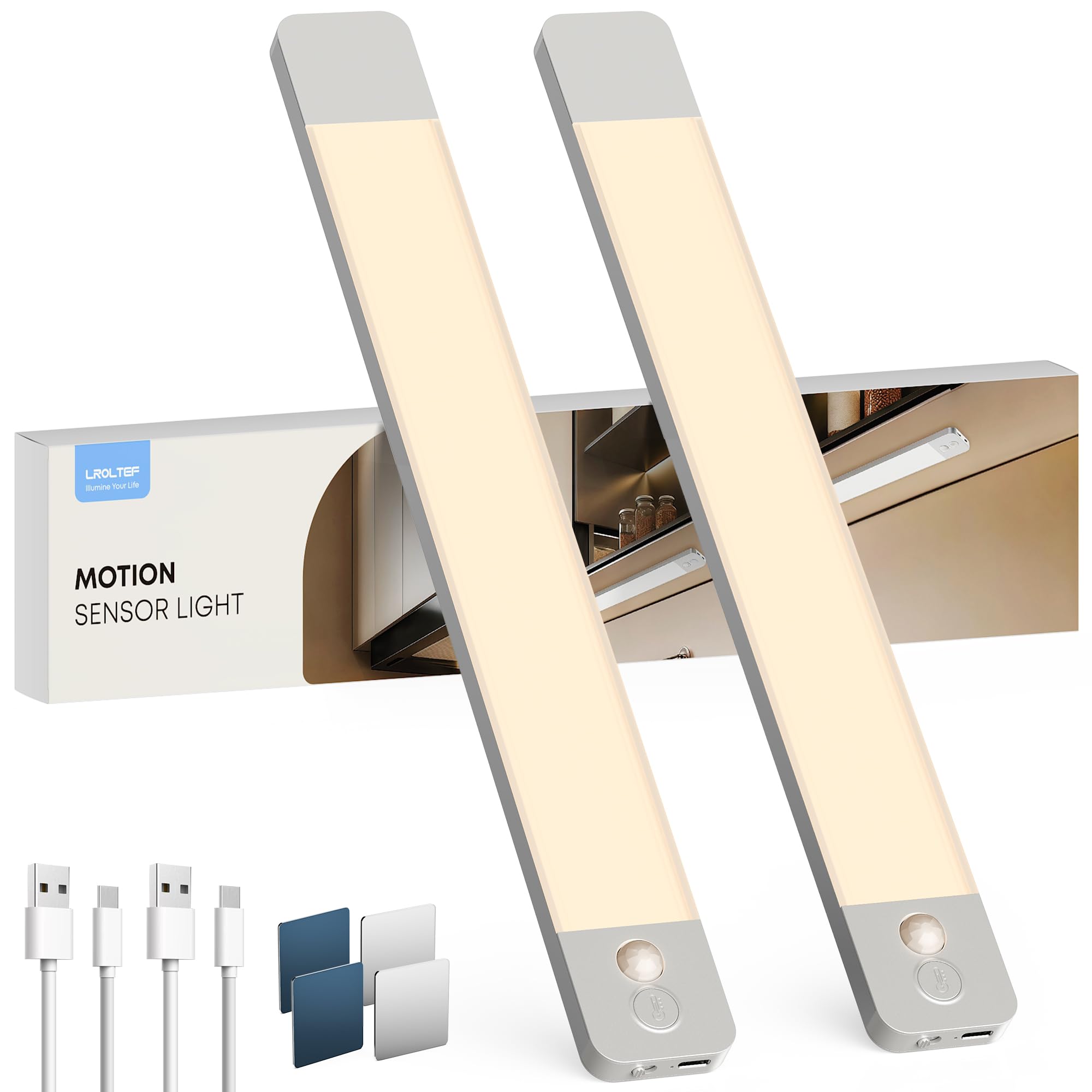 LROLTEF Schrankbeleuchtung Led Lampe mit Bewegungsmelder - 40cm 4000K Aufladbar Unterbauleuchte Küche mit 2200mAh Batterie Innen - Dimmbar Kleiderschrank Licht Treppenbeleuchtung | 2 Stück