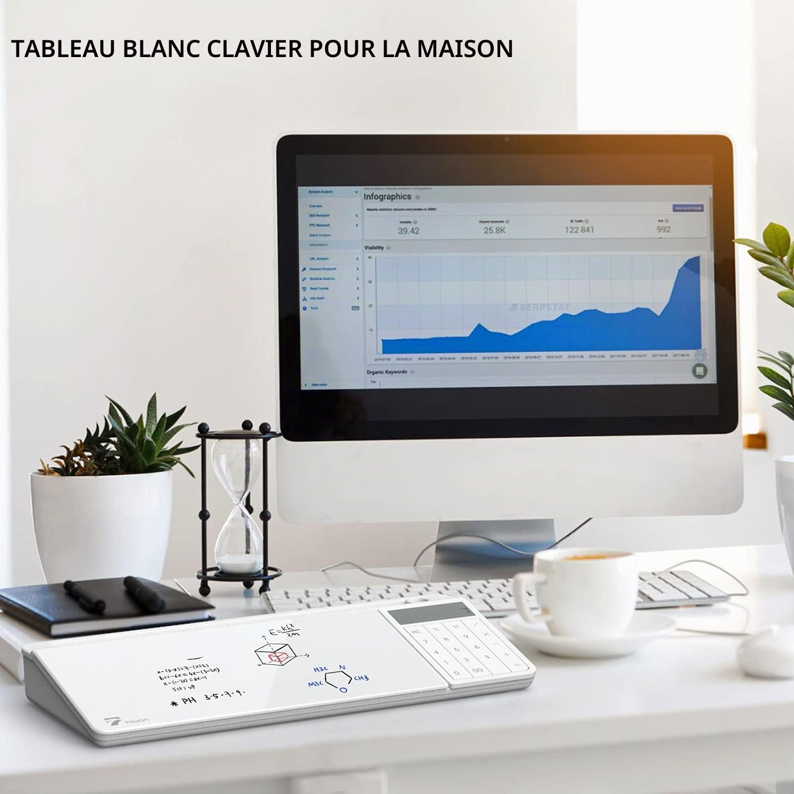 TOWON Tableau blanc de bureau en verre avec calculatrice de base, écran LCD à 12 chiffres, organiseurs de bureau avec accessoires pour bureau, maison, fournitures scolaires, rangement avec surface