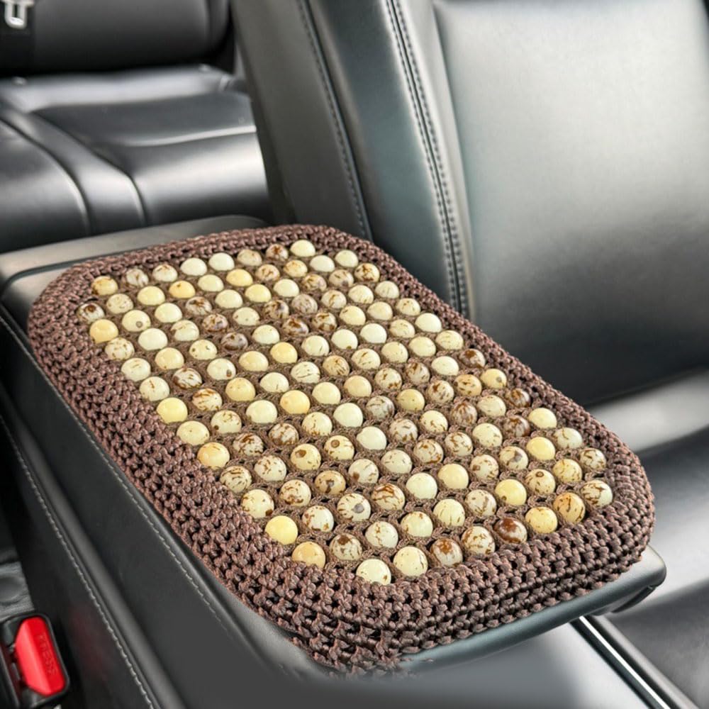 YHZCFWSF Wood Bead Car Armrest Cushion for Skoda Kodiaq (2017–2026) Breathable Cooling Center Console Pad Raised Elbow Support Pillow Summer Auto Accessories,E