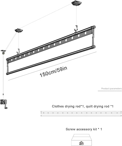 Miniatura 7 de QQXX Estante de secado de elevación montado en el techo, pequeña polea de aleación de aluminio, estante de ropa de una sola varilla, estante de