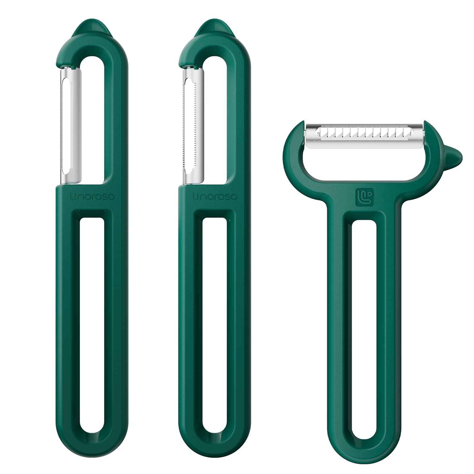 Linoroso 3PCS Pelapatate Professionale a Forma di I-Liscia e I-Seghettata e Y-Striata con Punte Appuntite, Per Pela Patate e Verdura Frutta, Scorrevolezza e Impugnatura Confortevole - Verde
