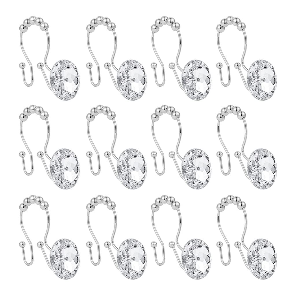 Anneaux de rideau de douche en cristal chic et double crochets inox scintillants pour salle de bain
