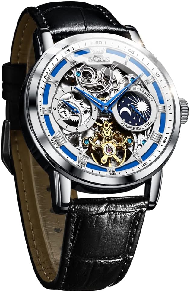OLEVS Men Skeleton Watch Automatic Winding Moon Phase Dress Luxury Leather Strap Waterproof Luminous Men Wrist Watch