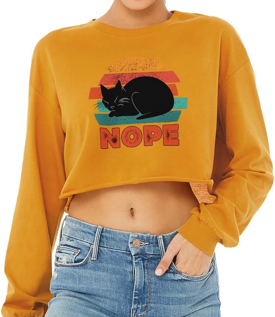 Cat Print Cropped Long Sleeve T-Shirt - Lazy Women's T-Shirt - Art Long Sleeve Tee - Mustard, M