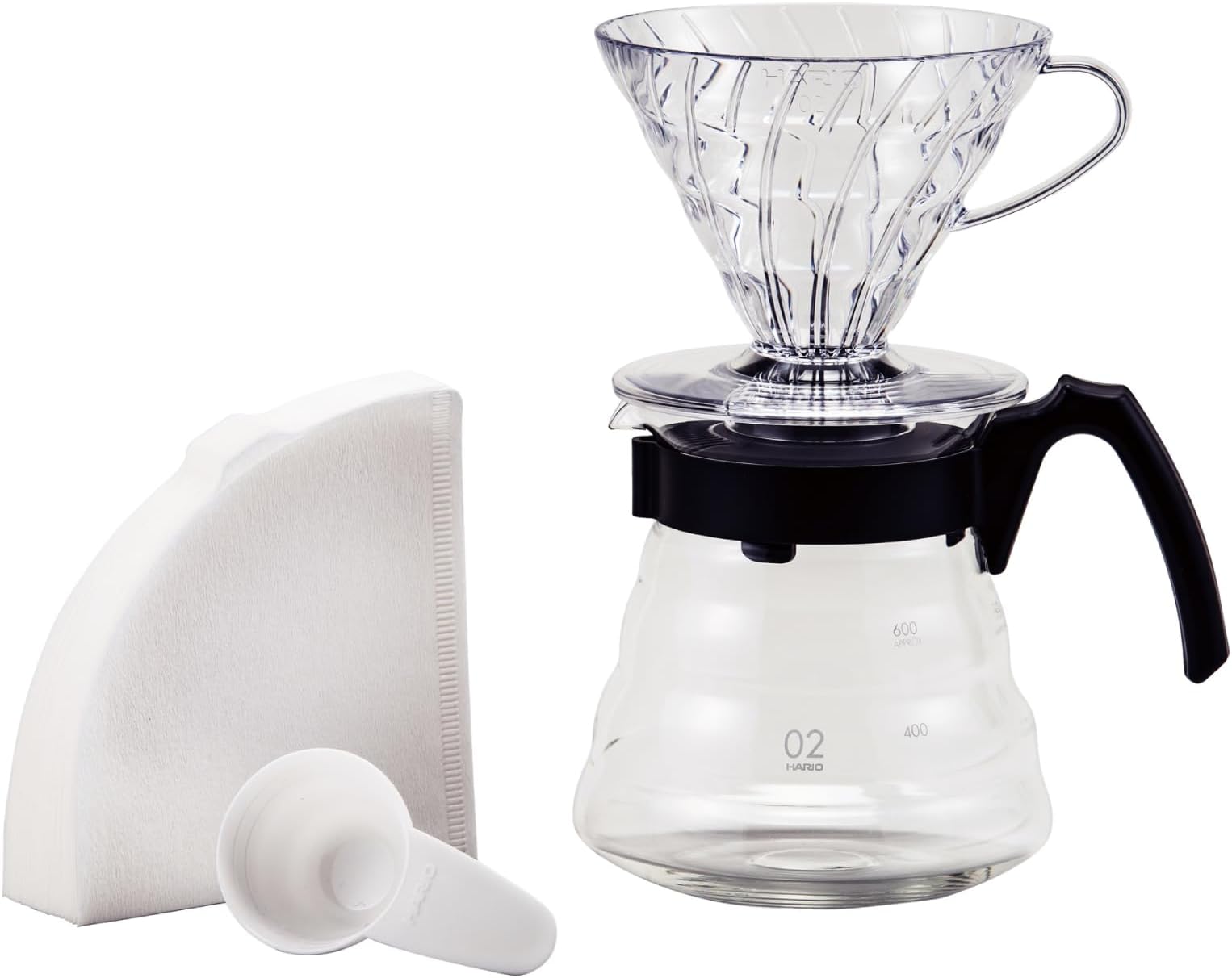 Hario Craft Kit V60 Plastic Dripper with Glass Coffee Range Server, Measuring Spoon and Filters, Borosilicate, Black, Size 2