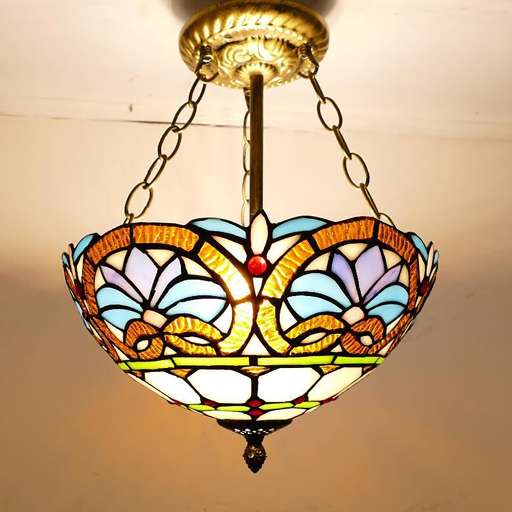 SXECAEPS European Vintage Color Glass Chandelier LED Creative Home Living Room Restaurant Bedroom Hotel Villa Cafe Corridor Pendant Lights (D D30CM)