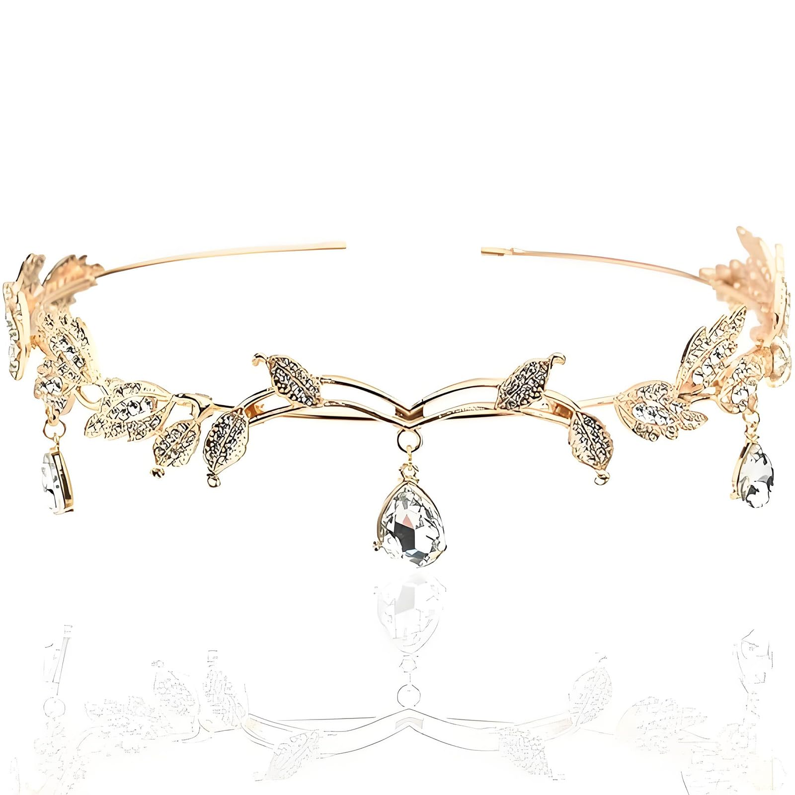 Crown for Women Queen, Leaf Drop Tiara for Girls Kids, Elegant Goddess Head Jewelry for Weddings, Birthday Parties, Pageants, Celebrations (Golden)