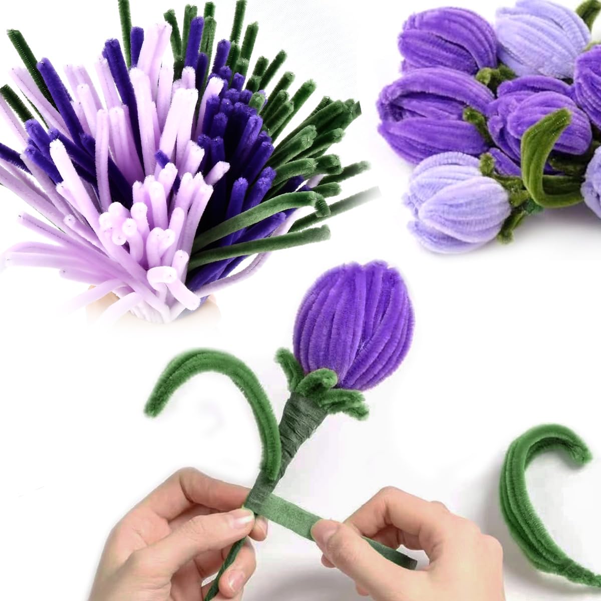 200 Scovolini In Ciniglia Rosa Per Fiori Fai-da-te - Kit Completo Con Fili Floreali E Nastro Verde, 30 Cm - 5