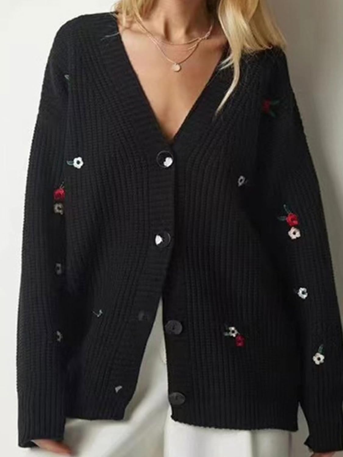 Cardigans for Women Floral Embroidered Button Down Open Front Sweater Fall Winter Long Sleeve V Neck Knitted Outerwear