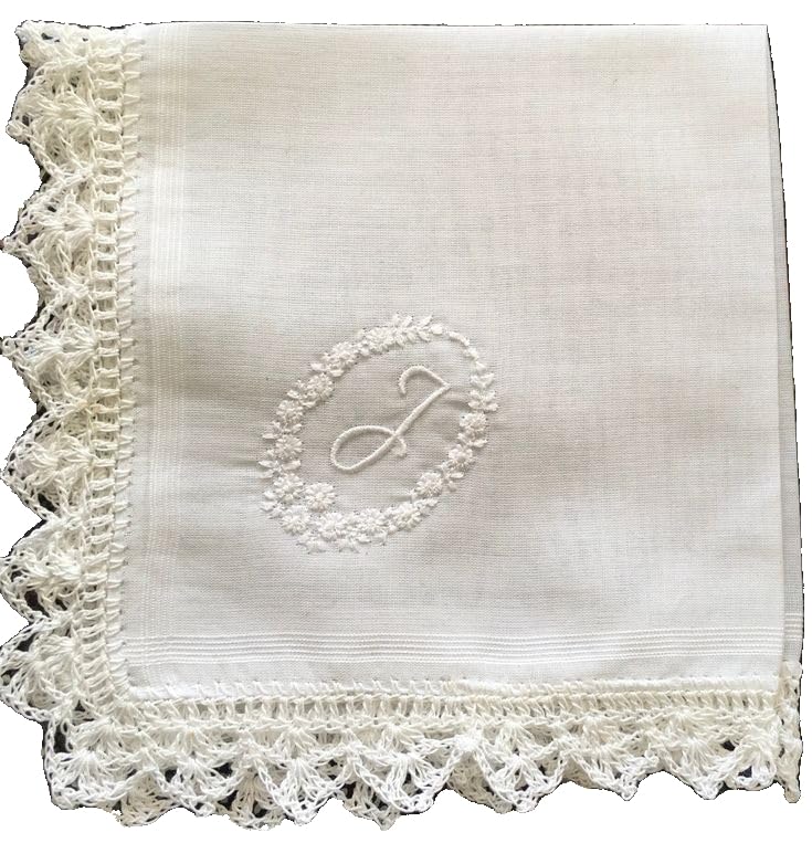 Shree adodhya White Cotton Handkerchief with Monogram Initial ‘J’ and Lace Border. Set of 2.-image-3