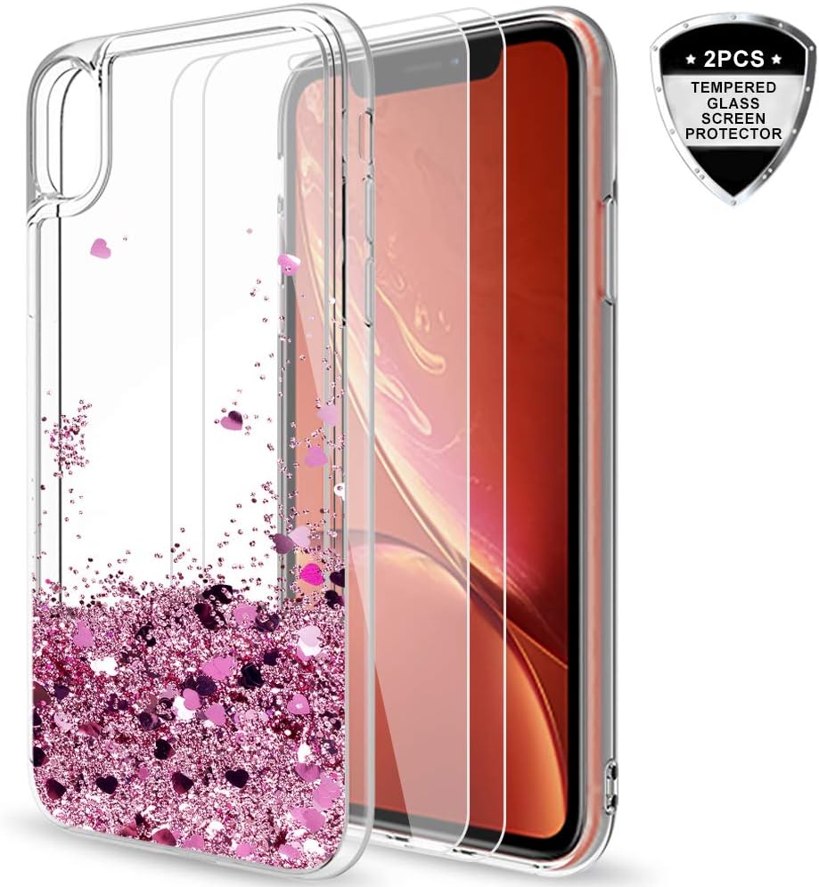 LeYi Case for iPhone XR and Tempered Glass Screen Protector(2 pack), Glitter Liquid Quicksand Flow Luxury Fashion Clear Transparent TPU Gel Silicone Shockproof Cover for Apple iPhone XR Rose Gold