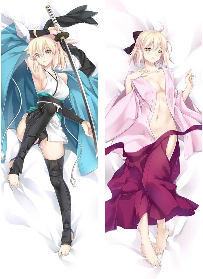 Knmbmg Fate/Grand Order: Okita Souji/Saber Body Pillowcase, Anime Sexy Pretty Girl Take Off Half of The Pajamas Double-Sided Pattern Peach Skin Pillow Cover, Home Sofa Decorative Otaku Favorite