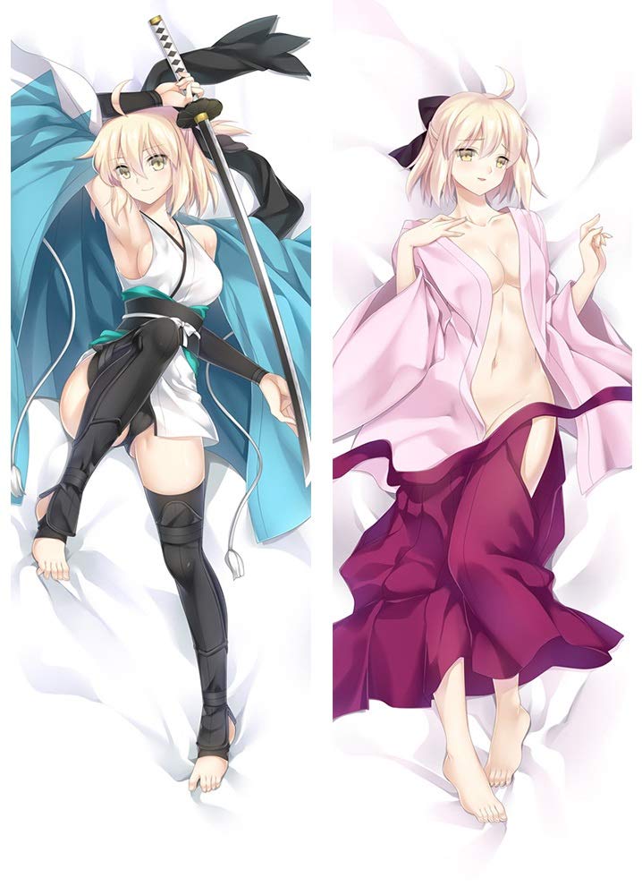 Knmbmg Fate/Grand Order: Okita Souji/Saber Body Pillowcase, Anime Sexy Pretty Girl Take Off Half of The Pajamas Double-Sided Pattern Peach Skin Pillow Cover, Home Sofa Decorative Otaku Favorite