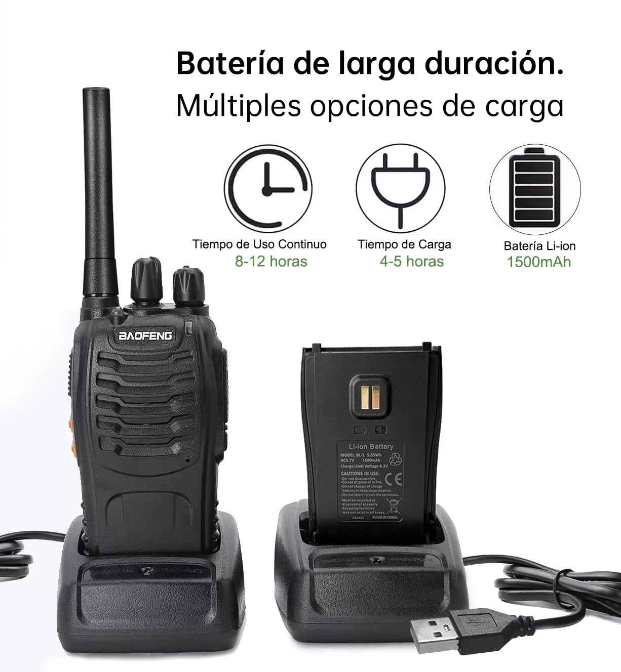 Baofeng Walkie Talkie PMR446 Walkies Profesionales USB Recargable 16 Canales Radiocomunicación, Set con Auriculares y Luz LED Adecuado para el Trabajo en Actividades al Aire Libre(2 Piezas) - 4