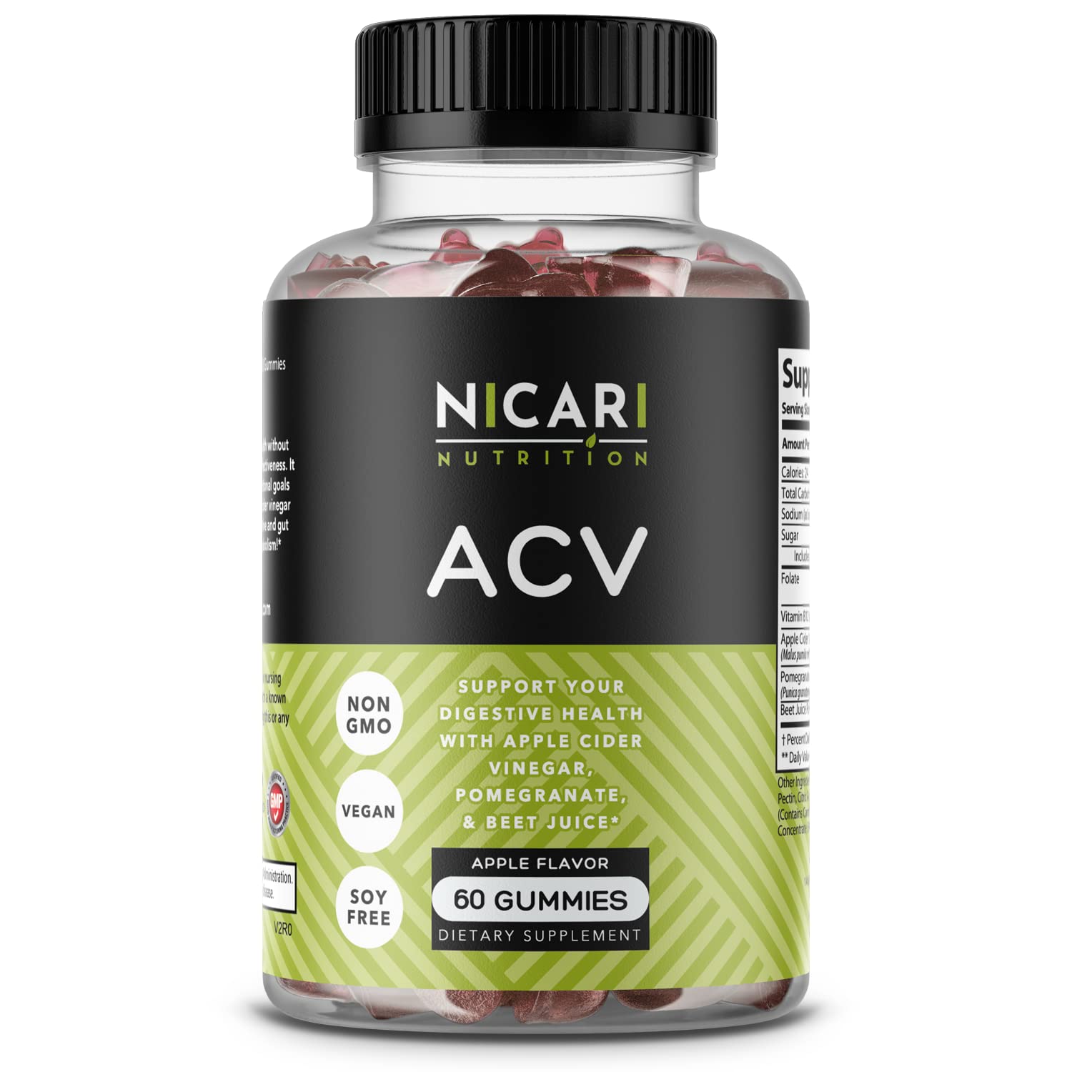 ACV | Apple Cider Vinegar + Pomegranate & Beet Juice Digestive Health Support Vegan Gummy Vitamins - 60 Count (30 Day Supply)