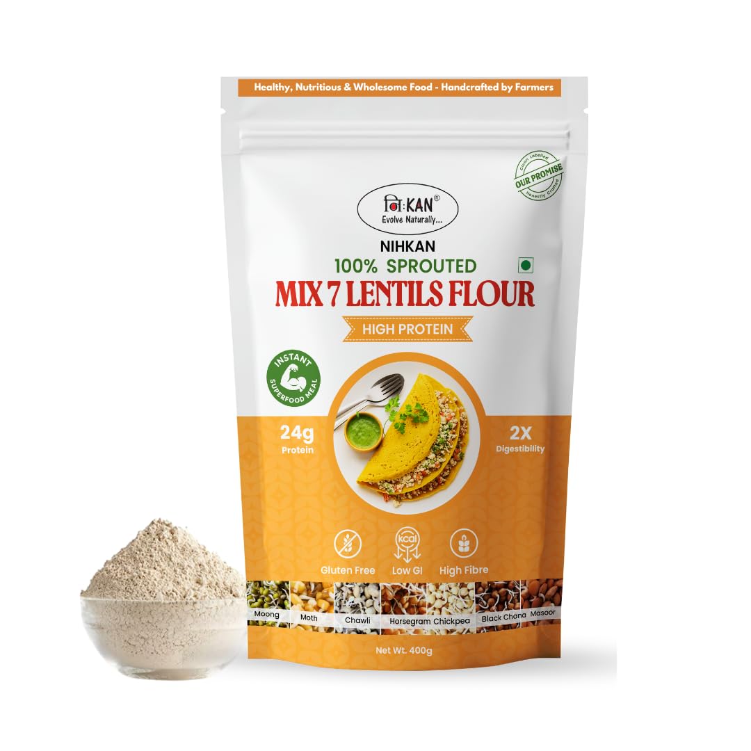 NIHKAN Premium Plant Protein Flour - 7 Sprouted Pulses & Beans Premix - 454 gm(1lb) | Gluten free Flour for Crepes, Wraps, Pancakes, Dosas & Savoury Baking