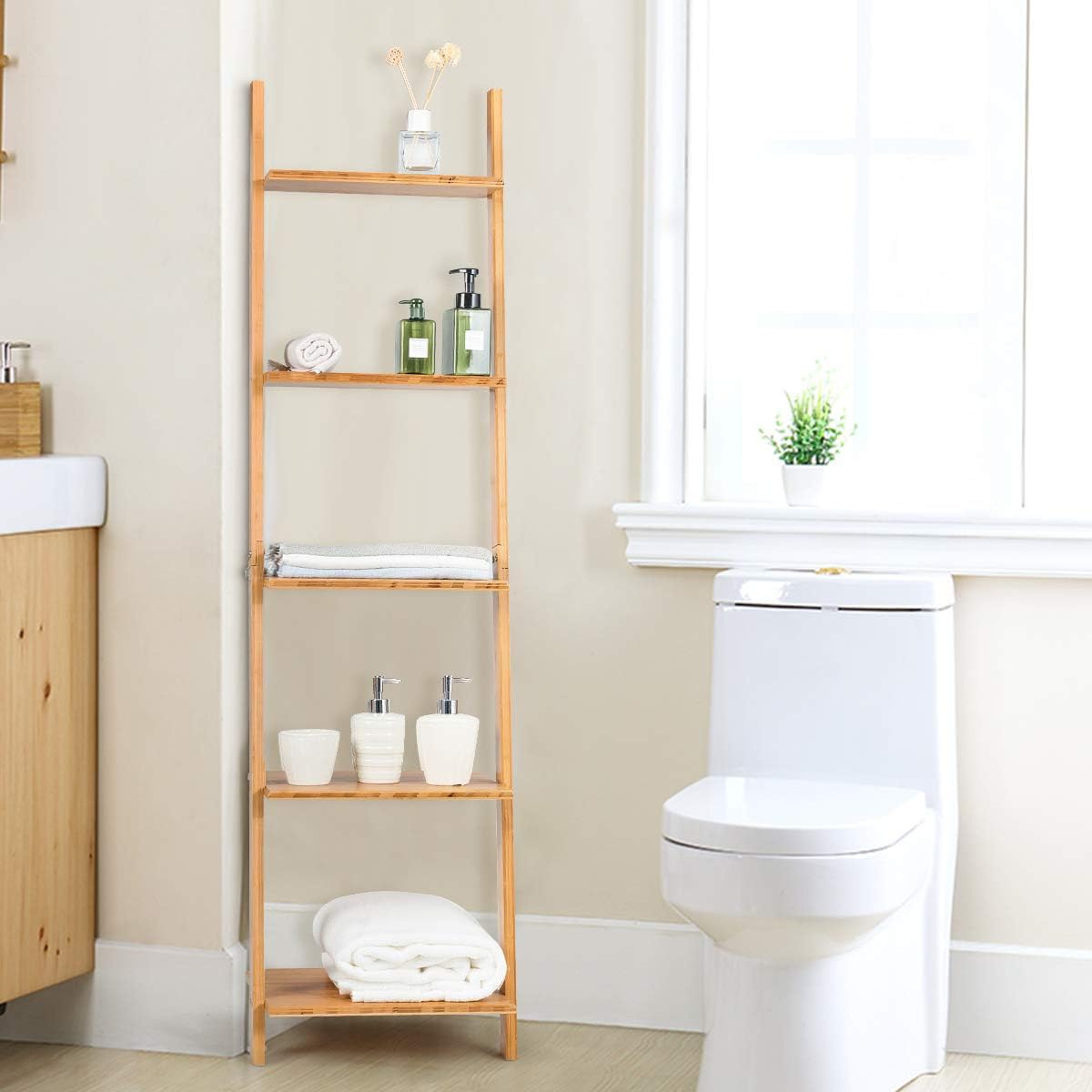 Tangkula Bamboo 5-Tier Ladder Shelf Bookshelf, Wall-Leaning Bookshelf, Plant Flower Stand, Storage Display Shelves for Living Room Bathroom Office, Multifunctional Ladder Bookcase (Natural)