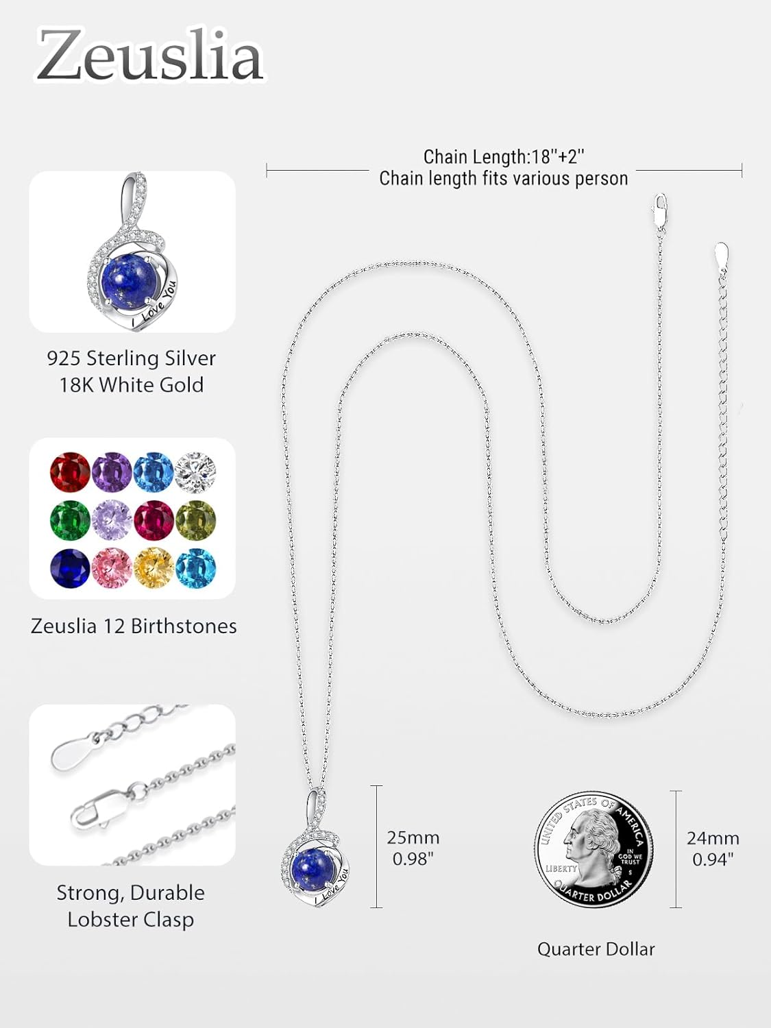 Infinity Necklace for Women, 925 Sterling Silver Infinity Jewelry with Birthstone Crystal Pendant, Anniversary Birthday Gifts for Her Wife Girlfriend, 18+2 Inch Chain