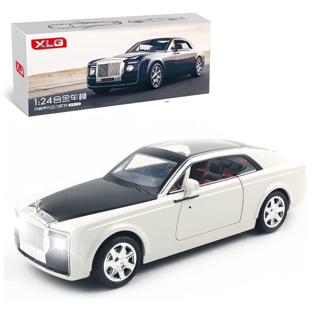 EROCK Exquisite car Model 1/24 Rolls-Royce Sweptail Model Car,Zinc Alloy Pull Back Toy car with Sound and Light for Kids Boy Girl Gift. (White Black-C)