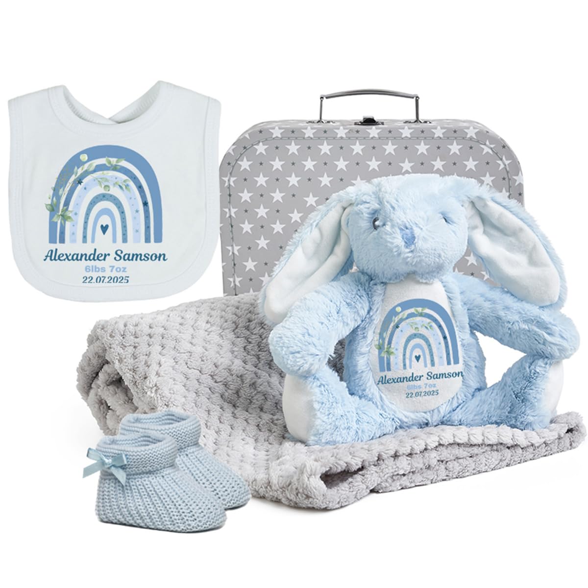 Personalised Bunny Gift Set Booties Bib, Blanket Teddy Bear for Boys Babies Newborn Gift New Baby Boy Present Suitcase Box Gifts Keepsake Soft Toy Grey Hamper