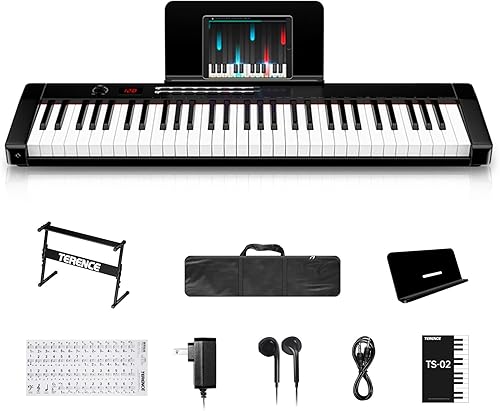 TERENCE Piano de teclado con 61 teclas semipesadas, pantalla LCD y batería de 1800 mAh, compatible con interfaz USB MIDI y aplicación de piano con