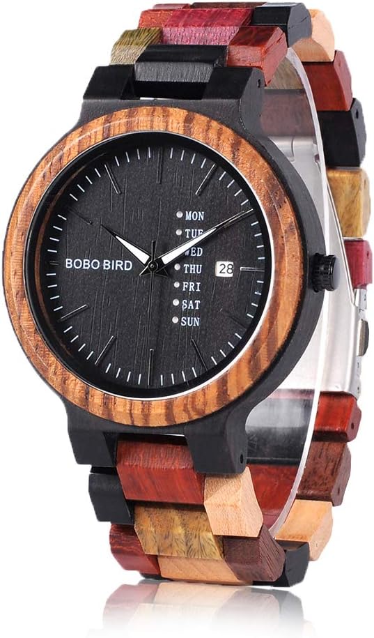 BOBO Bird Wood Watches Colorful Wood WristWatches Week & Date Display Multifunction Handmade Quartz Watch Sport Chronograph Unique Wristwatch for Men Women