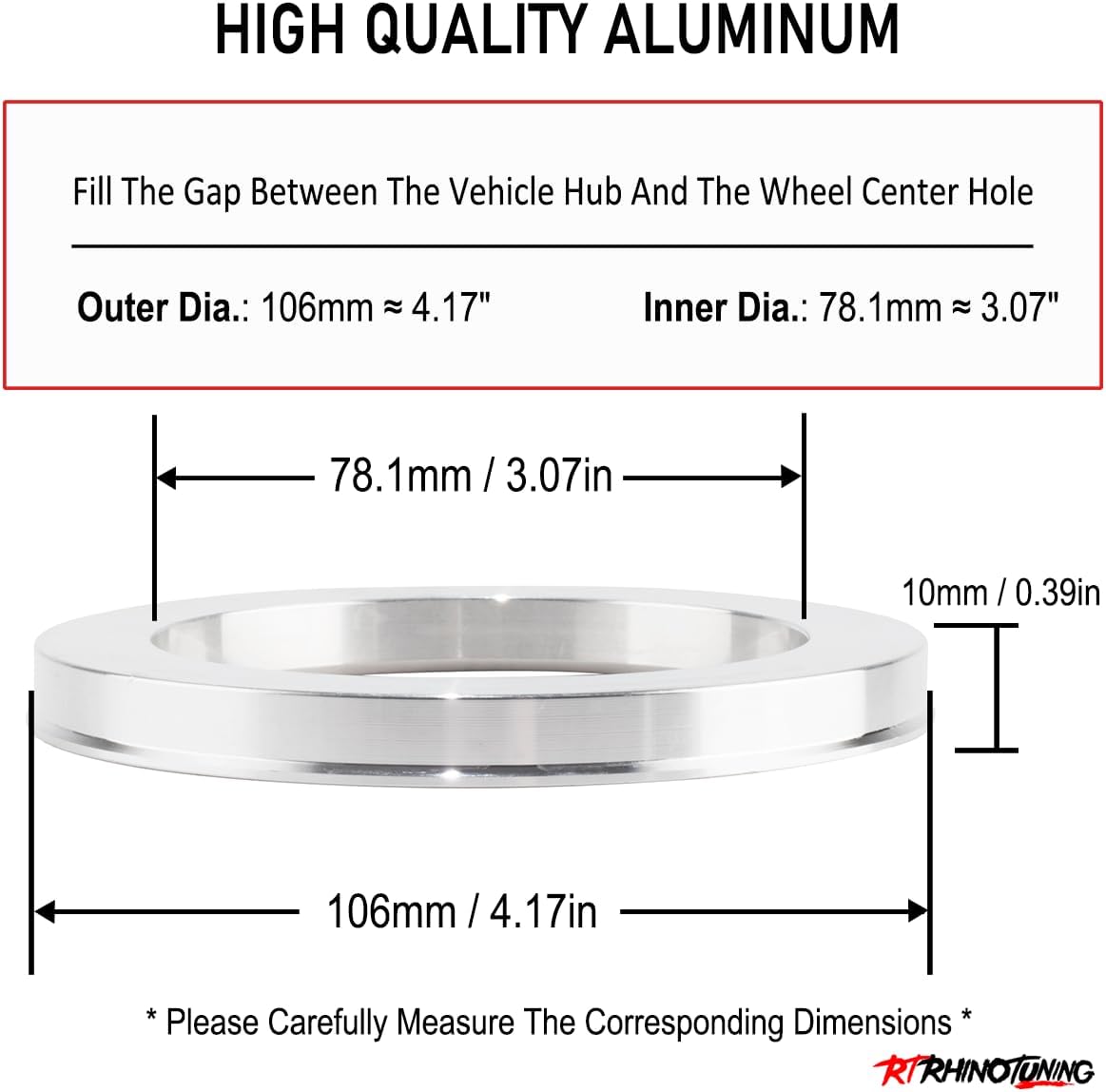 RTRHINOTUNING Hub Centric Rings (Pack of 4) Silver Hub Rings 106mm to 78.1mm Hubcentric Rings Aluminum - Compatible with Silverado Tahoe Yukon Escalade Savana 1500