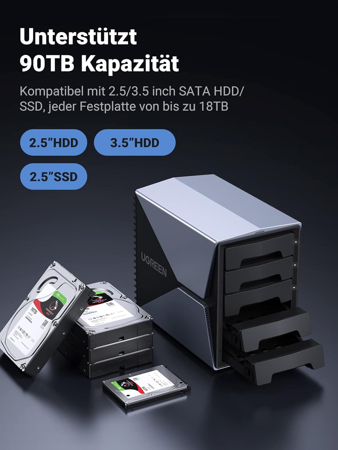 UGREEN korpusas, rodantis diskų suderinamumą ir talpą