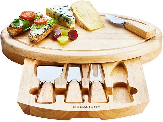 Occasion Oval Wood Cheese Board Integrated Drawer & 4 Specialist Cheese Knives
